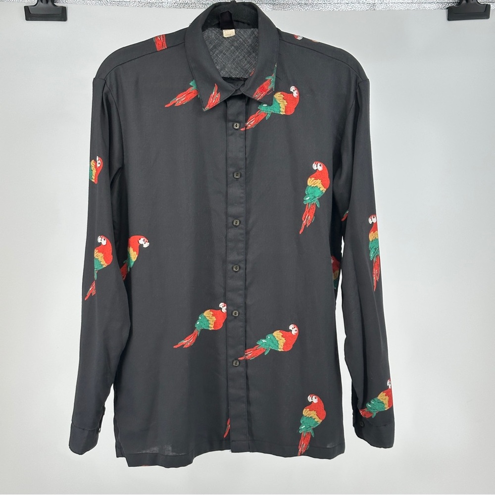Women’s Vintage Medium Black Parrot Print Long-Sleeve Shirt Blouse colorful